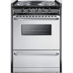 imageProfessional Series TEM610BRWY 24quot SlideIn Electric Range with 4 Coil Elements 29 cu ft Oven Capacity Storage Drawer Oven Window and Tower Bar Handles in Stainless SteelStainless Steel  Black