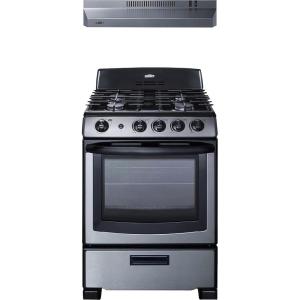 imageSummit Appliance RGH24RSS 24quot Wide Gas Range and Convertible Hood Set 4 Burners Slideout Oven Racks Burners Indicator Lights Pushtoturn Controls Stainless Steel Under Cabinet Range HoodStainless Steel