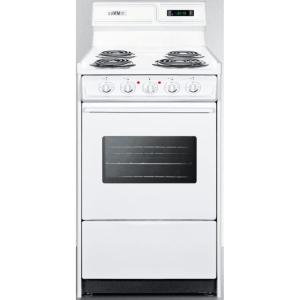 imageSummit Appliance WEM130KW 20quot Wide 220V Electric Range in White with Coil Elements High Backguard Oven Window Light Adjustable Oven Racks Broiler Pan and Lower Storage Compartment
