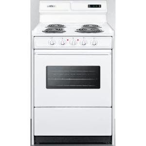 imageSummit Appliance WEM630KW 24quot Wide 220V Electric Range in White with Coil Elements High Backguard Oven Window Light Adjustable Oven Racks Broiler Pan and Lower Storage Compartment