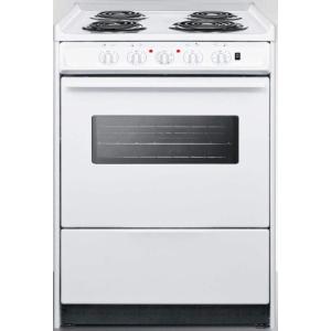 imageSummit WEM610RW 24quotquot SlideIn Electric Range with 4 Elements Waist High Broil Oven Racks Chrome Drip Pans Indicator Lights and PushToTurn Burner Knobs in White