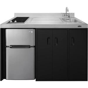 imageSummit Appliance CK54SINKR 54quot Wide AllInOne Kitchenette Stainless Steel Sink and Faucet 2door Refrigeratorfreezer 2burner Smoothtop Cooktop Indicator Lights Storage CompartmentsBlack  Stainless Steel