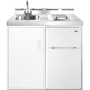 imageSummit C39ELGLASS 39quotquot AllInOne Kitchenette with 2 Element Smoothtop Cooktop RefrigeratorFreezer Stainless Steel Sink and Storage Cabinet in WhiteWhite