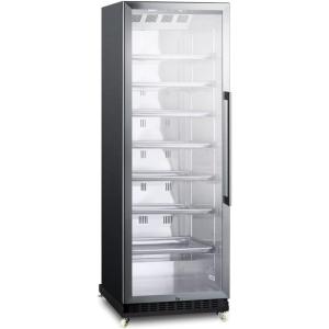 imageSummit Appliance SCR1401LHRI FullSize Commercial Beverage Merchandiser with Selfclosing Glass Door Left Hand Door Swing Sheet Pans and Adjustable Tray Supports Black Cabinet and Removable DollyStainless Steel